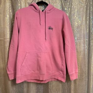 Stussy Basic Hoodie Pink Coral Black Sweatshirt Pullover Medium Flawed